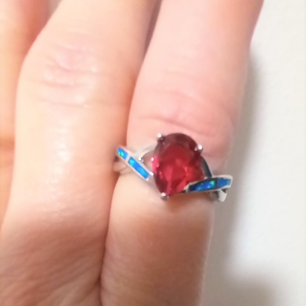 Red CZ and Blue Opal 925 Silver  Ring